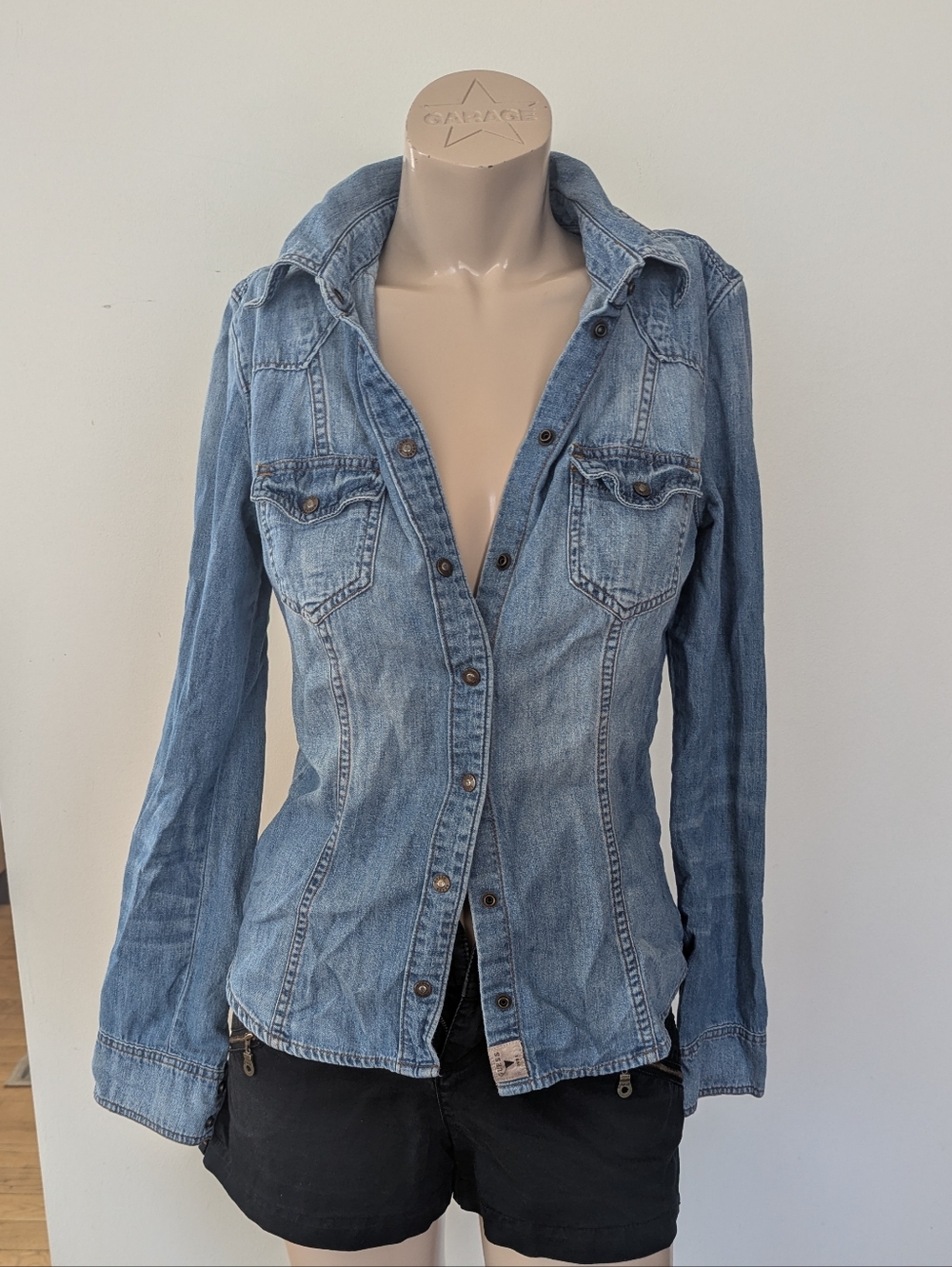 Guess Fitted Light Blue Denim Button-Up Shirt